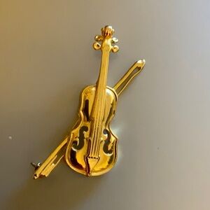 Gold Violin Brooch Pin